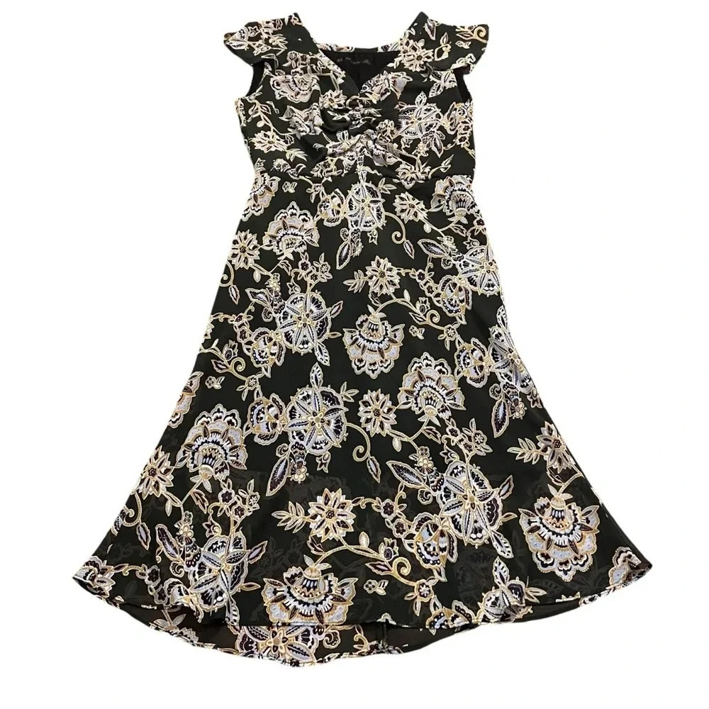 ZARA Basic Black Floral Ruffle Midi Dress | Size S‎